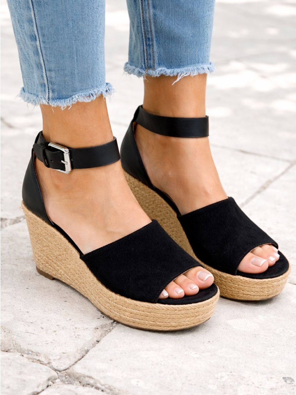 MARC FISHER Black Espadrille Wedge Sandals Ankle Strap Suede Size 8.5